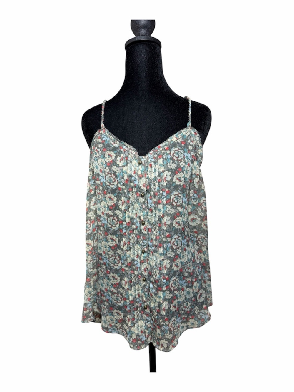 🆕aerie Floral Button-Front Spaghetti Strap Pleated Flowy Tank